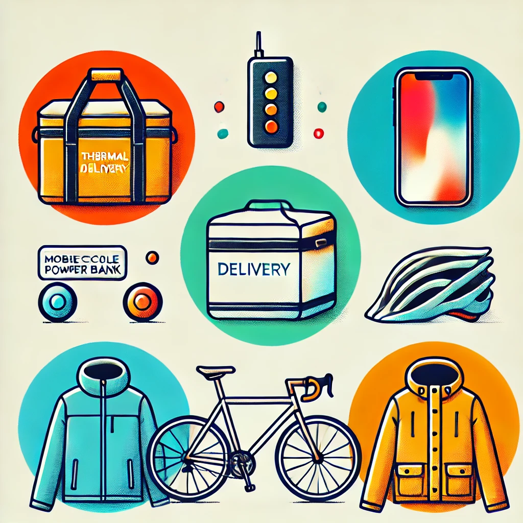 A clean and minimalist illustration showing five colorful circles, each containing a single delivery-related item: a thermal delivery bag, a bicycle smartphone holder, a mobile power bank, rainwear, and a bicycle helmet. The layout is square, with the circles evenly spaced on a white background. Each item is depicted simply and vibrantly, maintaining a cohesive and modern aesthetic.